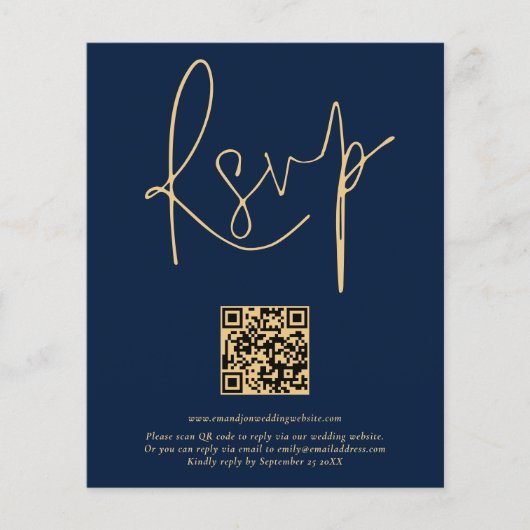 Budget QR Code Gold Navy Blue Script Hochzeit RSVP (Vorderseite)
