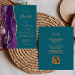 Budget QR Code Lila Gold Agate Aquamarin Wedding<br><div class="desc">Der links Rand verfügt über einen lila Aquarellstreifen mit goldenen Imitaten Glitzer. Der anpassbare Text kombiniert goldfarbene Handschrift, Copperplate und kursiv Schriftart auf einem aquamarinen blauen Hintergrund. Die Rückseite bietet Platz für Hochzeitsdetails auf einem soliden aquamarinen Hintergrund, zusammen mit einem QR-Code, den die Gäste scannen können, um Ihre Website und...</div>