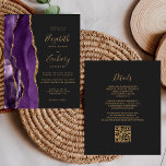Budget QR Code Lila Gold Agate Dark Wedding<br><div class="desc">Der links Rand verfügt über einen lila Aquarellstreifen mit goldenen Imitaten Glitzer. Der anpassbare Text kombiniert goldfarbene Handschrift, Copperplate und kursiv Schriftart auf schwarzem Schieferboden. Die Rückseite bietet Platz für Hochzeitsdetails auf einem soliden schwarzen Hintergrund, zusammen mit einem QR-Code können Gäste scannen, um Ihre Website und UAWG, die die Kosten...</div>