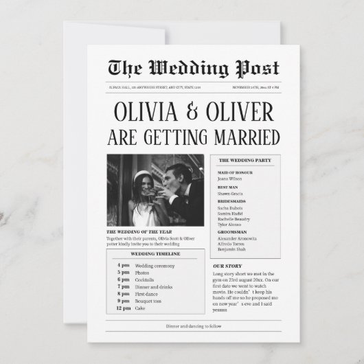 Budget, QR-Code, lustige Zeitungshochzeit Einladung (Vorderseite)