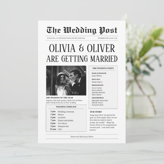 Budget, QR-Code, lustige Zeitungshochzeit Einladung (Stehend Vorderseite)