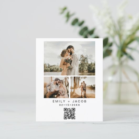 Budget QR Code Minimalistisches White Wedding Foto (Stehend Vorderseite)