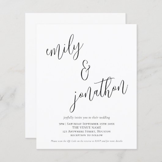 Budget QR Code Moderne Skripthochzeit Einladung (Vorne/Hinten)