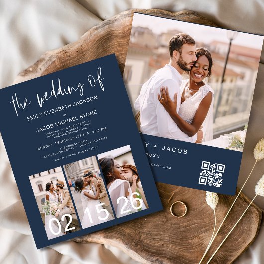 Budget QR Code Navy Blue Wedding Einladung