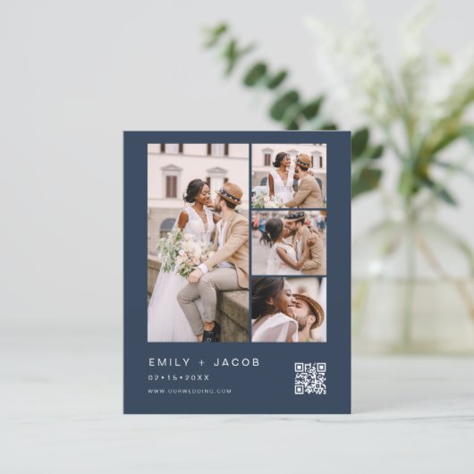 Budget QR Code Navy Blue Wedding Einladung (Stehend Vorderseite)