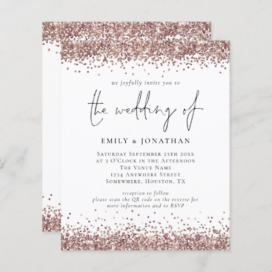 Budget QR Code Rose Gold Glitzer Hochzeit Einladun (Vorne/Hinten)