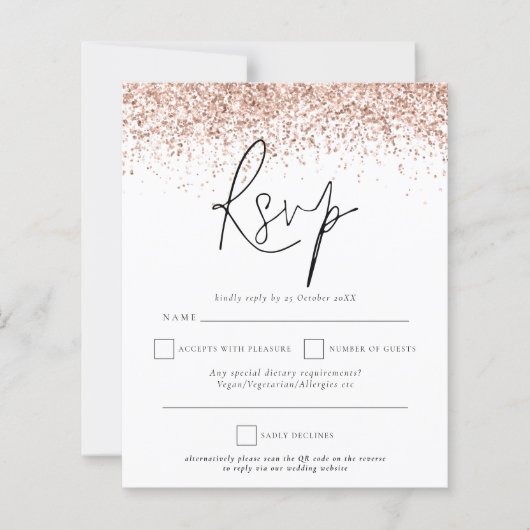 Budget QR Code Rose Gold Glitzer Wedding RSVP (Vorderseite)