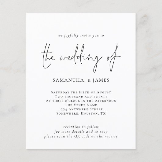 Budget QR Code Schwarz-weiß Hochzeitseinladung (Vorderseite)