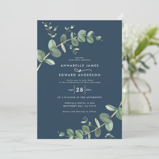 Budget QR Code Watercolor Eukalyptus botanisch Einladung (Stehend Vorderseite)