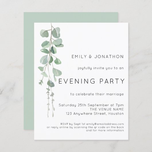 Budget QR Eucalyptus Wedding Abend Party Einladung (Vorne/Hinten)