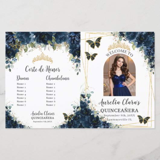 Budget Quinceañera 15 Navy Floral Padrinos Program (Vorderseite)