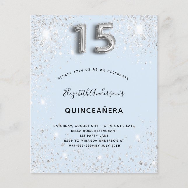 Budget Quinceanera Baby Blue Silber Glitzer (Vorderseite)