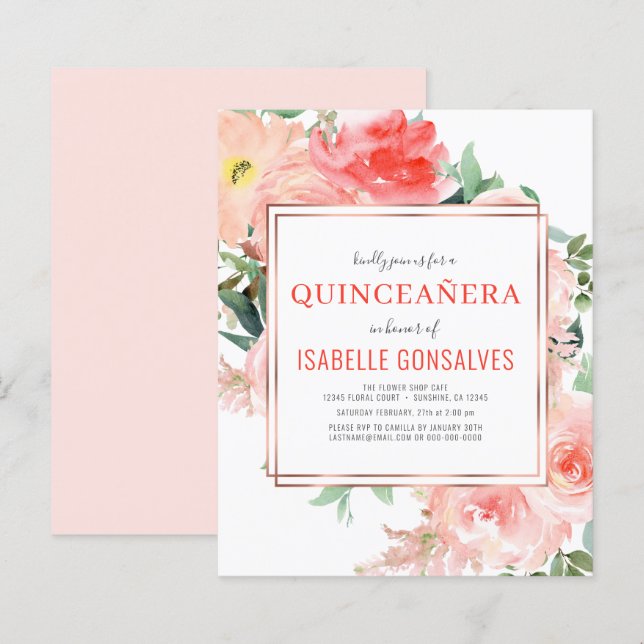 Budget QUINCEAÑERA Birthday Peach Coral Einladung (Vorne/Hinten)