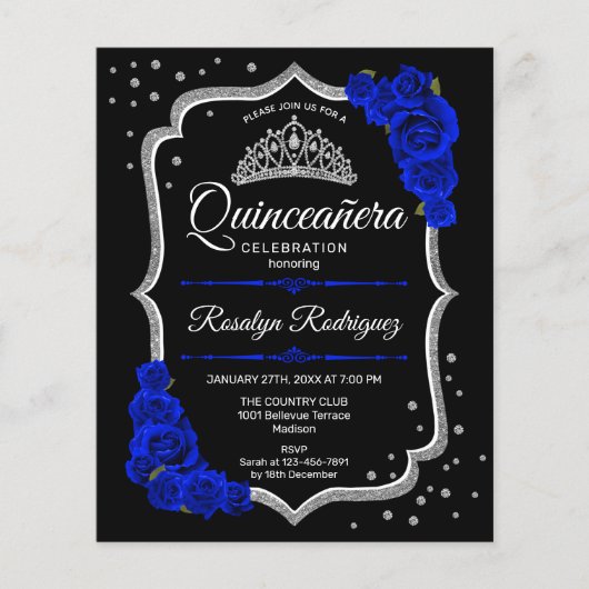 Budget Quinceanera Black Silver Royal Blue Einladu Flyer (Vorne)