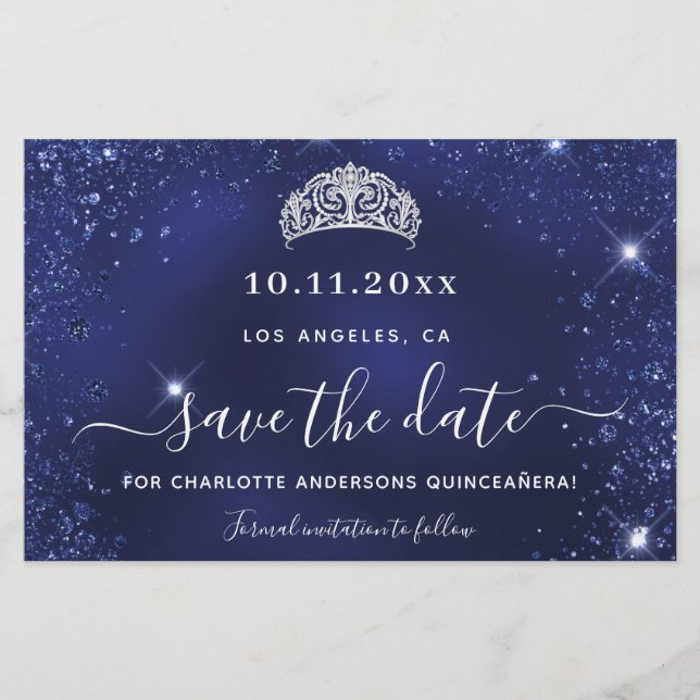 Budget Quinceanera Blauer Glitzer Staub rett Datum (Vorderseite)