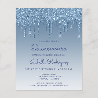 Budget Quinceañera Blauer Glitzer Tropfen Einladun