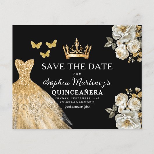Budget Quinceanera Blumengold Save the Date Flyer (Vorne)