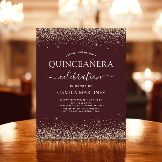 Budget Quinceanera Burgundy Gold Einladung Flyer
