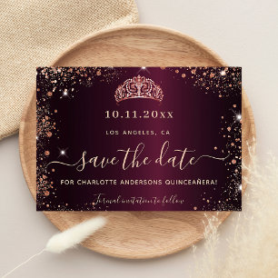 Budget Quinceanera burgundy Rose gold tiara Save The Date