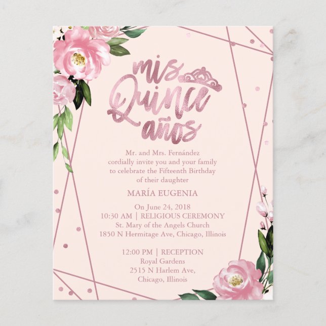 Budget Quinceanera Einladung Bilingual Blush Pink (Vorderseite)
