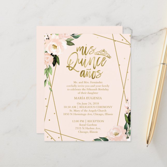 Budget Quinceanera Einladung Gold Foil Blush Pink (Vorderseite/Rückseite Beispiel)