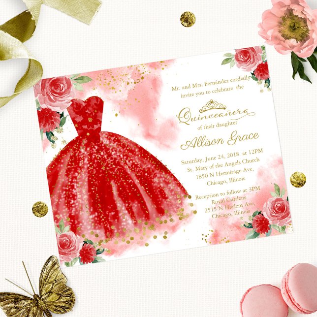 Budget Quinceanera Einladung Gold Red Gown (Von Creator hochgeladen)