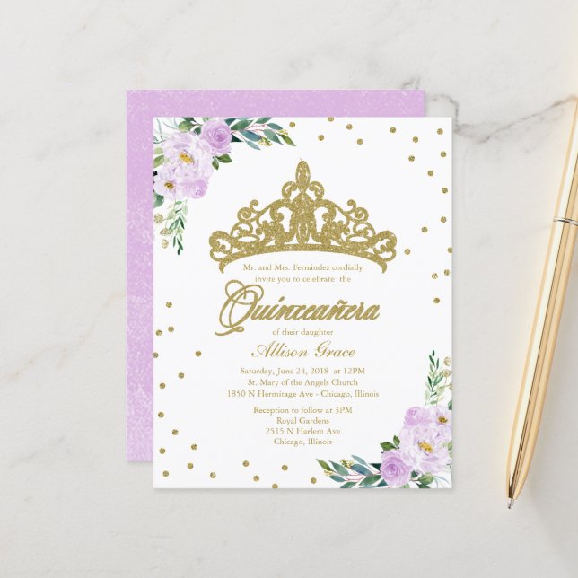 Budget Quinceanera Einladung Gold Tiara (Vorderseite/Rückseite Beispiel)