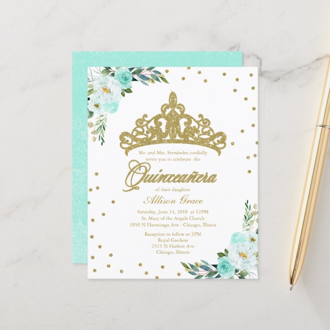 Budget Quinceanera Einladung Gold Tiara (Vorderseite/Rückseite Beispiel)