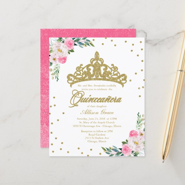 Budget Quinceanera Einladung Gold Tiara (Vorderseite/Rückseite Beispiel)