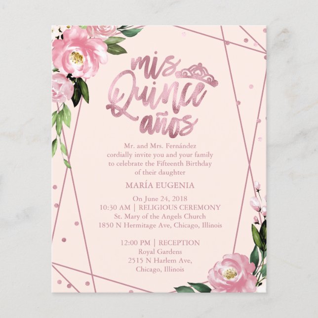 Budget Quinceanera Einladung Rose Gold Rosa Rosa (Vorderseite)