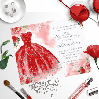 Budget Quinceanera Einladung Silver Red Gown