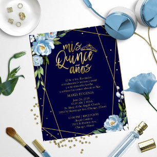 Budget Quinceañera-Einladung Spanisch Blau Blumenm