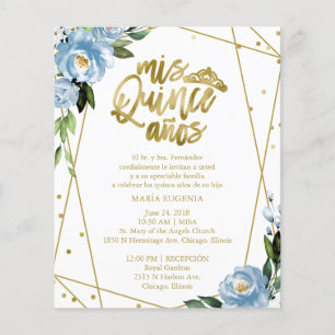 Budget Quinceanera Einladung Spanisch Blauer Flora