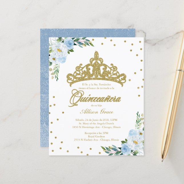 Budget Quinceanera Einladung Spanisch Gold Tiara (Vorderseite/Rückseite Beispiel)