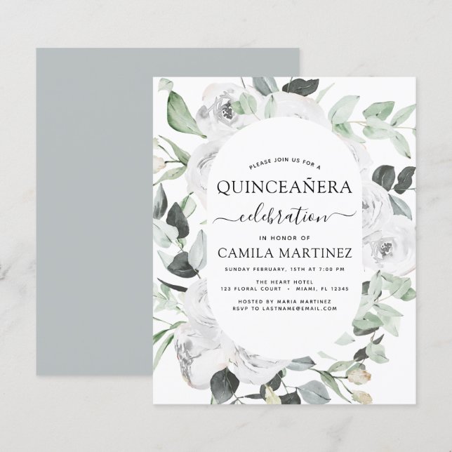 Budget Quinceañera Eucalyptus Floral Einladung (Vorne/Hinten)