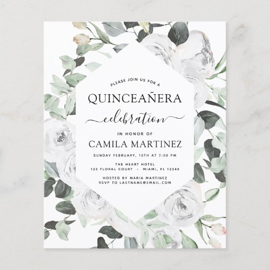 Budget Quinceañera Eukalyptus Floral White Roses Flyer (Vorne)