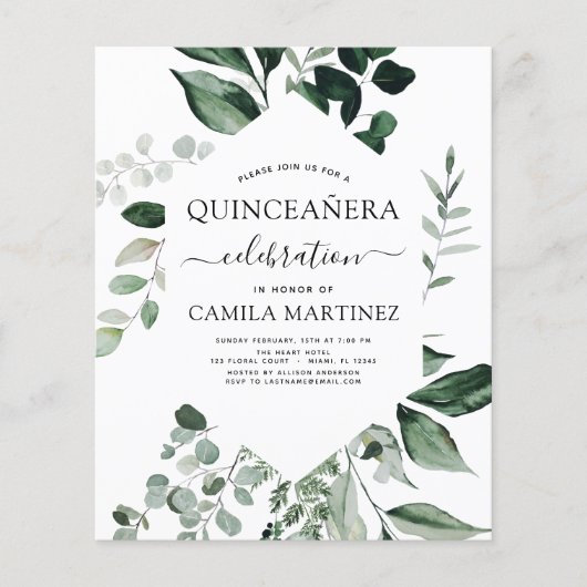 Budget Quinceanera Frühjahr botanische Grünpflanze Flyer (Vorne)