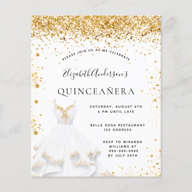 Budget Quinceanera Gold Einladung (Vorderseite)