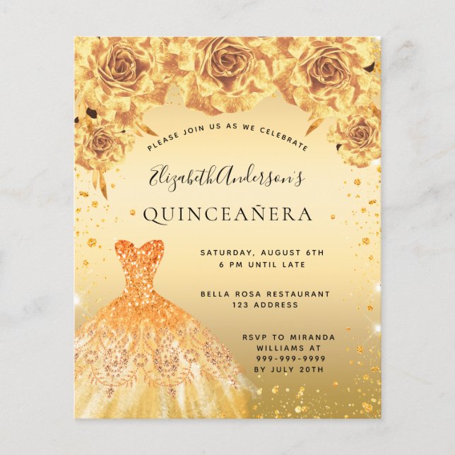 Budget Quinceanera Gold Kleid Blumenladen (Vorderseite)