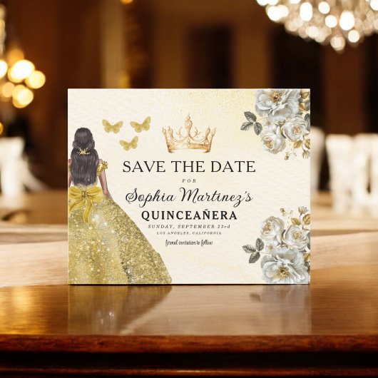 Budget Quinceanera Gold Save the Date Flyer