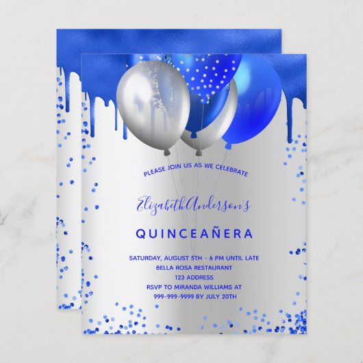 Budget Quinceanera Königlich Blau Silber Einladung (Vorne/Hinten)