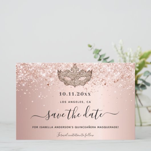 Budget Quinceanera Masquerade Rose Gold rett Datum (Stehend Vorderseite)