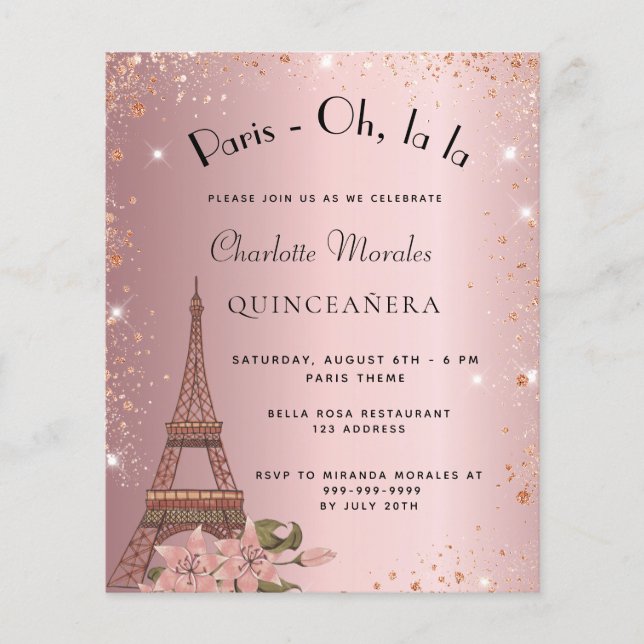Budget Quinceanera Paris Rosa Einladung (Vorderseite)