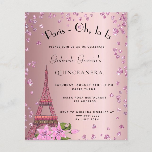 Budget Quinceanera Paris Rosa Einladung (Vorderseite)