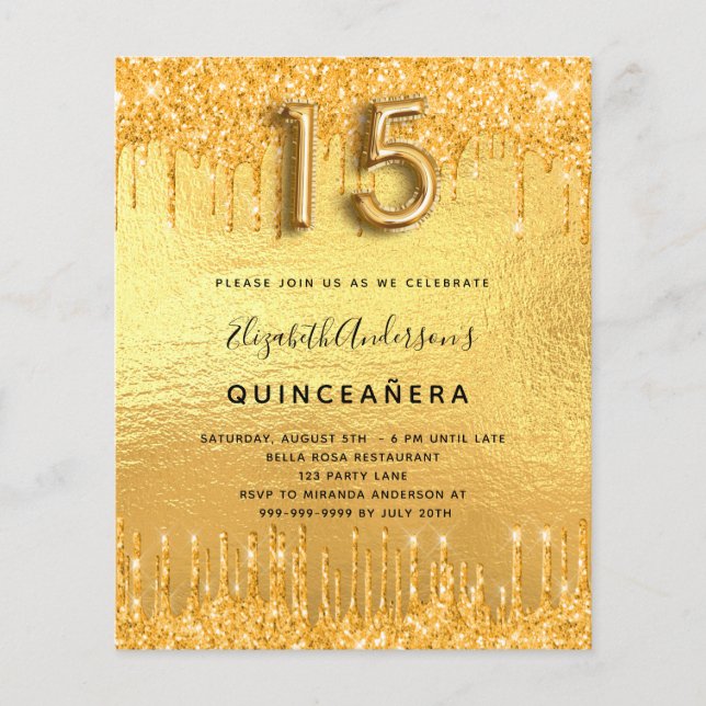 Budget Quinceanera Party Gold Glitzer Einladung (Vorderseite)