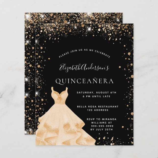 Budget Quinceanera Party Schwarzes Gold Glitzer Kl (Vorne/Hinten)
