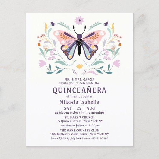 Budget Quinceañera Pink Lila Butterfly Floral Flyer (Vorne)