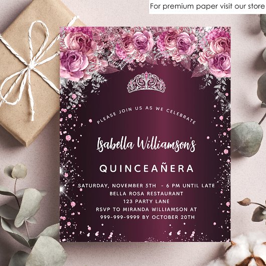 Budget Quinceanera rosa bordeauxrote Einladung Flyer