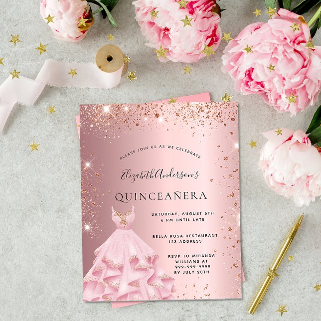 Budget Quinceanera Rosa Rosa Goldkleid (Von Creator hochgeladen)