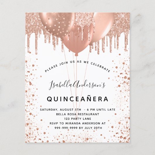 Budget Quinceanera Rose Gold Glitzer Einladung (Vorderseite)